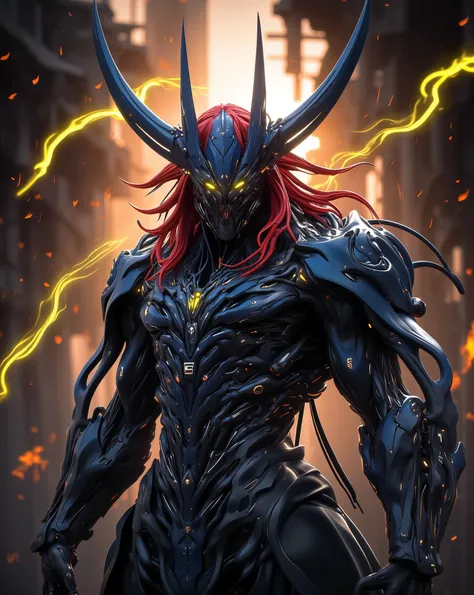 Perfect masterpiece, (Masterpiece:1.2), Best quality, high resolution, Beautiful detailed, Extremely detailed, Perfect lighting, high quality, high resolution, highest image quality, 8k hd. 
1 male guy. 
blood red and blue hair, Faceless, yellow eyes, glow...