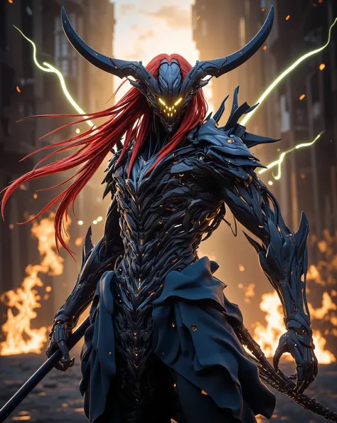 Perfect masterpiece, (Masterpiece:1.2), Best quality, high resolution, Beautiful detailed, Extremely detailed, Perfect lighting, high quality, high resolution, highest image quality, 8k hd. 
1 male guy. 
blood red and blue hair, Faceless, yellow eyes, glow...