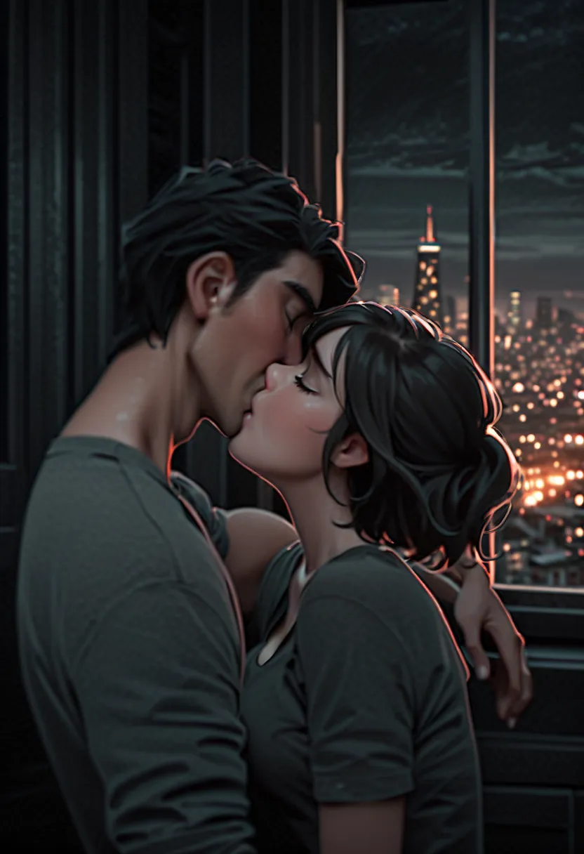 (anime style), (masterpiece), (Two people kissing). (1 boy, 1 girl), Cass Hamada kissing Tadashi Hamada, Big Hero 6, detailed facial features, romantic expression, dynamic pose, high quality, 8k, ultra detailed, soft lighting, romantic atmosphere, San Fran...