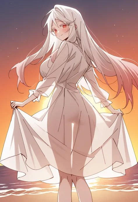 masterpiece, best quality, amazing quality, anime coloring, uncensored

1girl, solo, body line silhouette, frilled, lace, see-through silhouette, oversized_clothes, white shift dress, closed mouth, shy smile, blush, looking at viewer, cowboy shot, spread a...