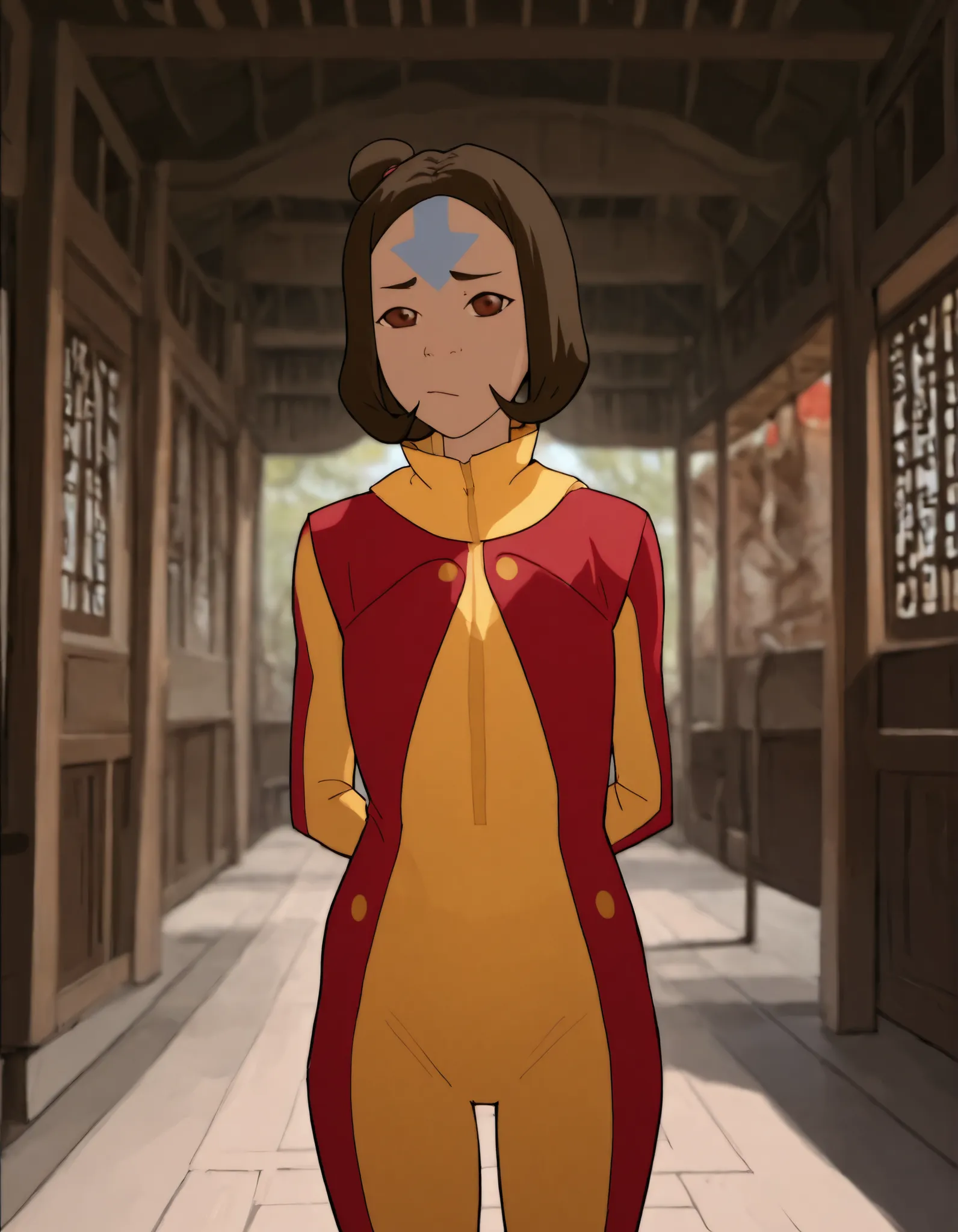 (temple, gorgeous view)
(cowboy shot), nsfw,  (masterpiece), (best quality:1.0), (ultra highres:1.0), detailed eyes, detailed clothing texture, beautiful face, Jinora posing, (wingsuit), two-tone red and yellow outfit
blue-arrow forehead tattoo
 