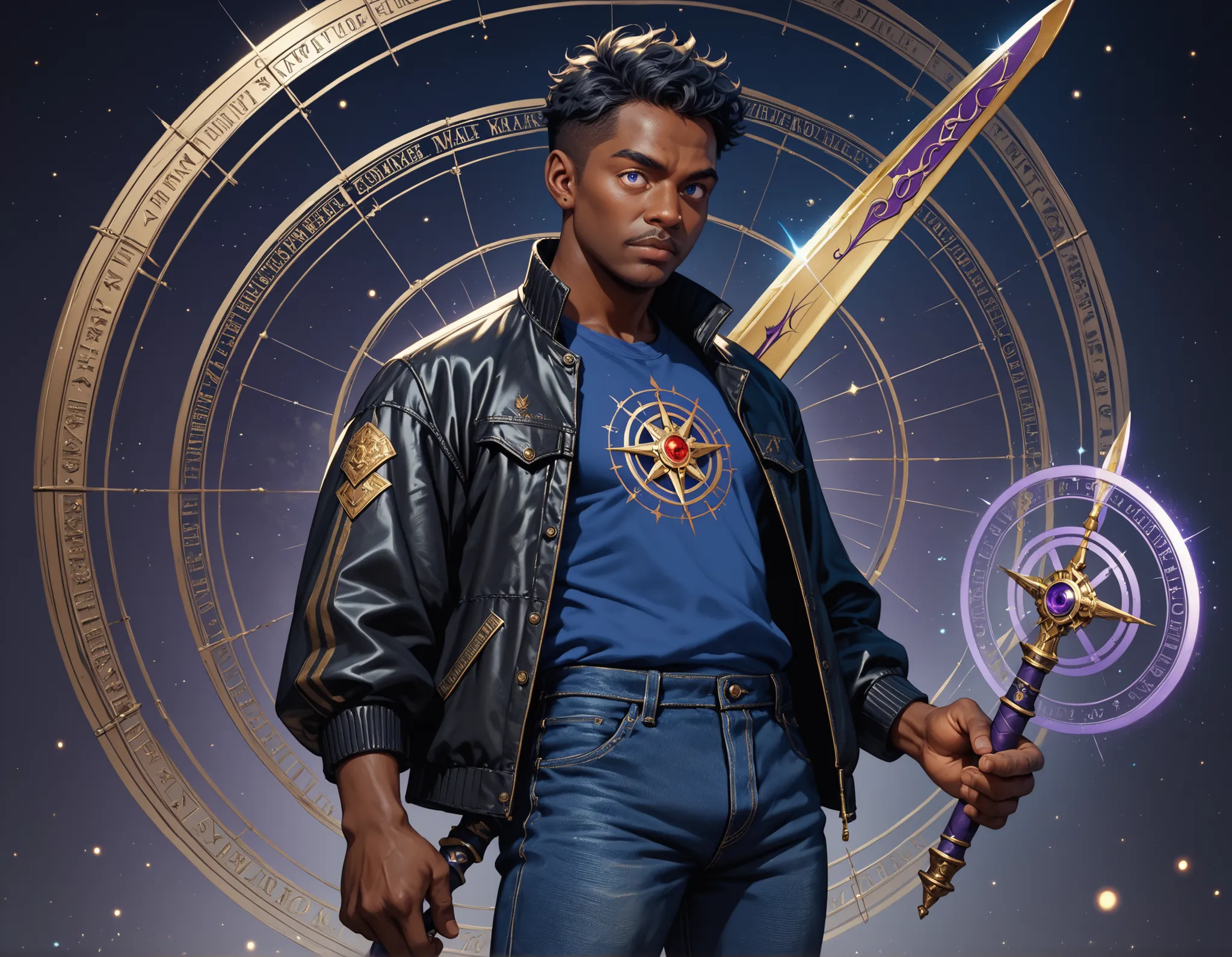 , score_9,score_8_up,score_7_up, Solo, 1 men, (masterpiece, high detailed) ,old men, dark tan skin, Bright eyes, short black hair, bulk body shape, wearing a black jacket and blue shirt, jeans pants, a golden sword with purple blade on his hands a energy p...