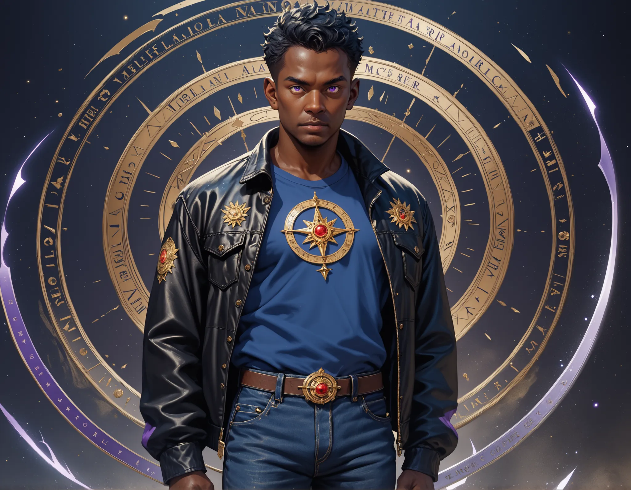 , score_9,score_8_up,score_7_up, Solo, 1 men, (masterpiece, high detailed) ,old men, dark tan skin, Bright eyes, short black hair, bulk body shape, wearing a black jacket and blue shirt, jeans pants, a golden sword with purple blade on his hands a energy p...