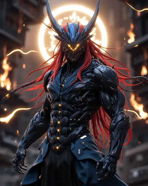 Perfect masterpiece, (Masterpiece:1.2), Best quality, high resolution, Beautiful detailed, Extremely detailed, Perfect lighting, high quality, high resolution, highest image quality, 8k hd. 
1 male guy. 
blood red and blue hair, Faceless, yellow eyes, glow...