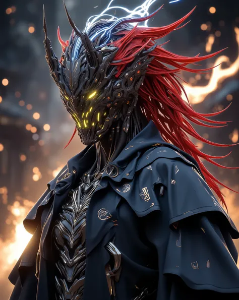 Perfect masterpiece, (Masterpiece:1.2), Best quality, high resolution, Beautiful detailed, Extremely detailed, Perfect lighting, high quality, high resolution, highest image quality, 8k hd. 
1 male guy. 
blood red and blue hair, Faceless, yellow eyes, glow...