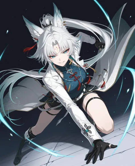 Masterpiece, Best quality, 1 girl,  solo, 费1x10df, animal ears, long hair, ponytail, Colored hair, White hair, Red Eyeliner, eye socket, forehead imprint, earrings, tassel hair ornament, tassel earring, Printed shirt, brooch, blue shirt, Chinese clothing, ...