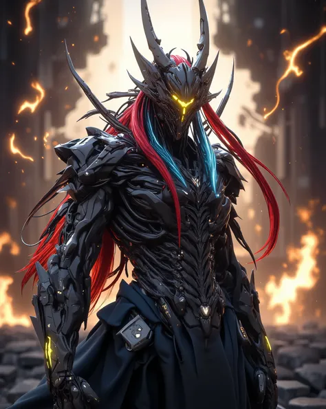 Perfect masterpiece, (Masterpiece:1.2), Best quality, high resolution, Beautiful detailed, Extremely detailed, Perfect lighting, high quality, high resolution, highest image quality, 8k hd. 
1 male guy. 
blood red and blue hair, Faceless, yellow eyes, glow...