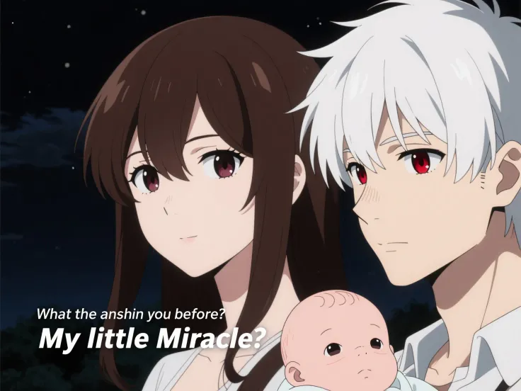 That you notice the most animated phrase in the title of what they asked you before about my little miracle and that the background is dark because it is night and it could be that the anime style is more anime. In other words, it is a little more serious because the one with dark brown hair and eyes that are more delicate than like a woman but is not a woman is not a woman is a man and who has white hair with dark red eyes that you can see one more face to join but not so fused and that the baby Well is a newborn that the image has 1280 × 720 pixels, with a minimum width of 640 pixels