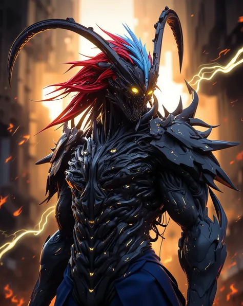 Perfect masterpiece, (Masterpiece:1.2), Best quality, high resolution, Beautiful detailed, Extremely detailed, Perfect lighting, high quality, high resolution, highest image quality, 8k hd. 
1 male guy. 
blood red and blue hair, Faceless, yellow eyes, glow...