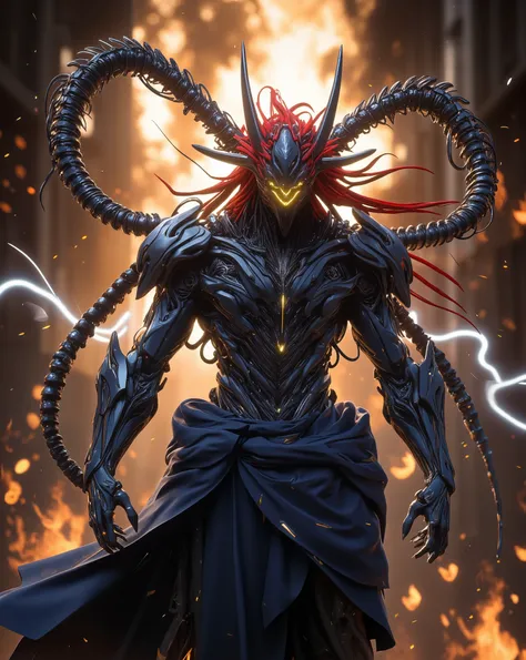 Perfect masterpiece, (Masterpiece:1.2), Best quality, high resolution, Beautiful detailed, Extremely detailed, Perfect lighting, high quality, high resolution, highest image quality, 8k hd. 
1 male guy. 
blood red and blue hair, Faceless, yellow eyes, glow...