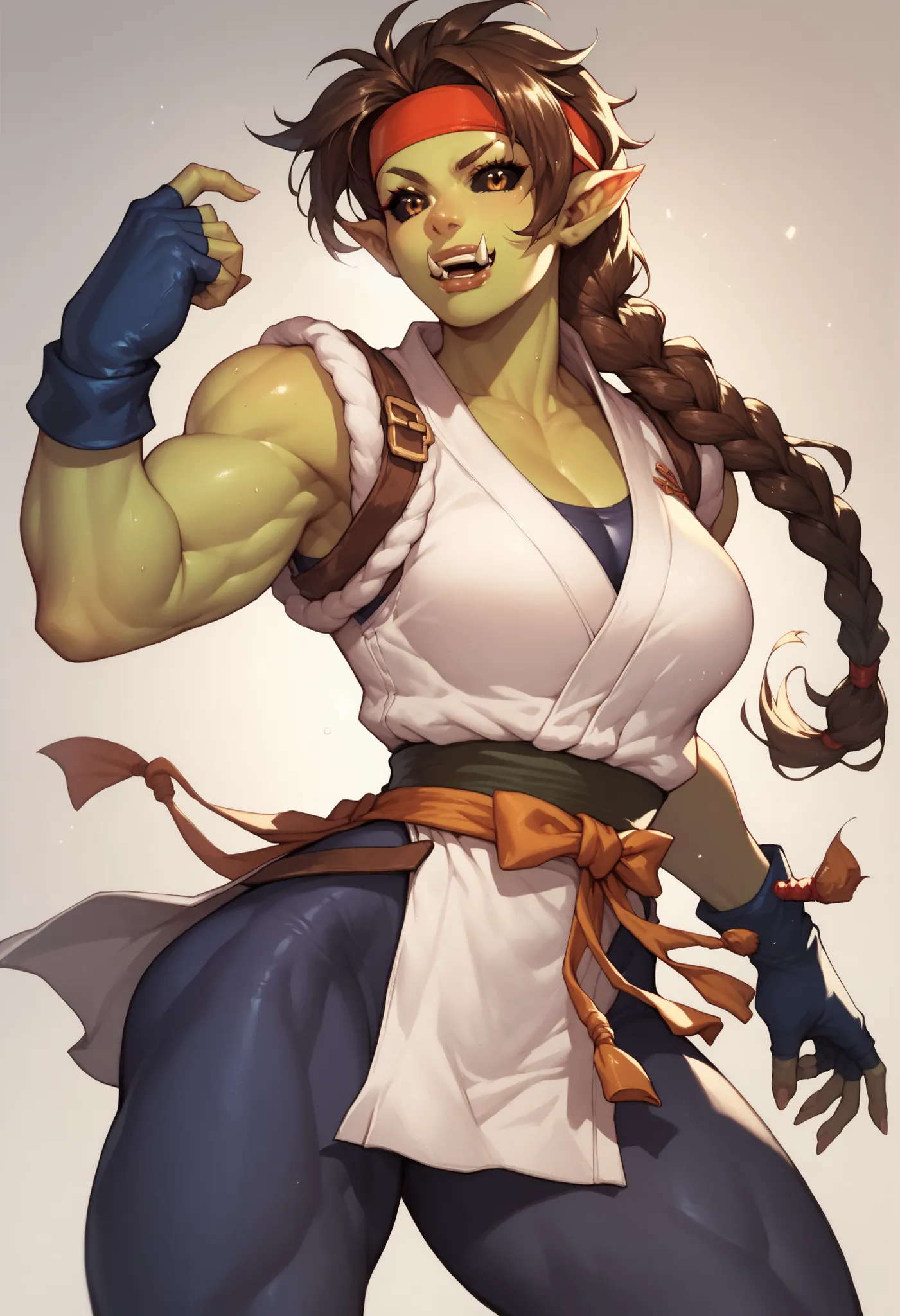 ysakazaki, monk clothes, spandex, headband, fingerless gloves, brown hair, brown eyes, single braid, female orc, muscle female, Orc, fangs, pointed ears, black sclera,