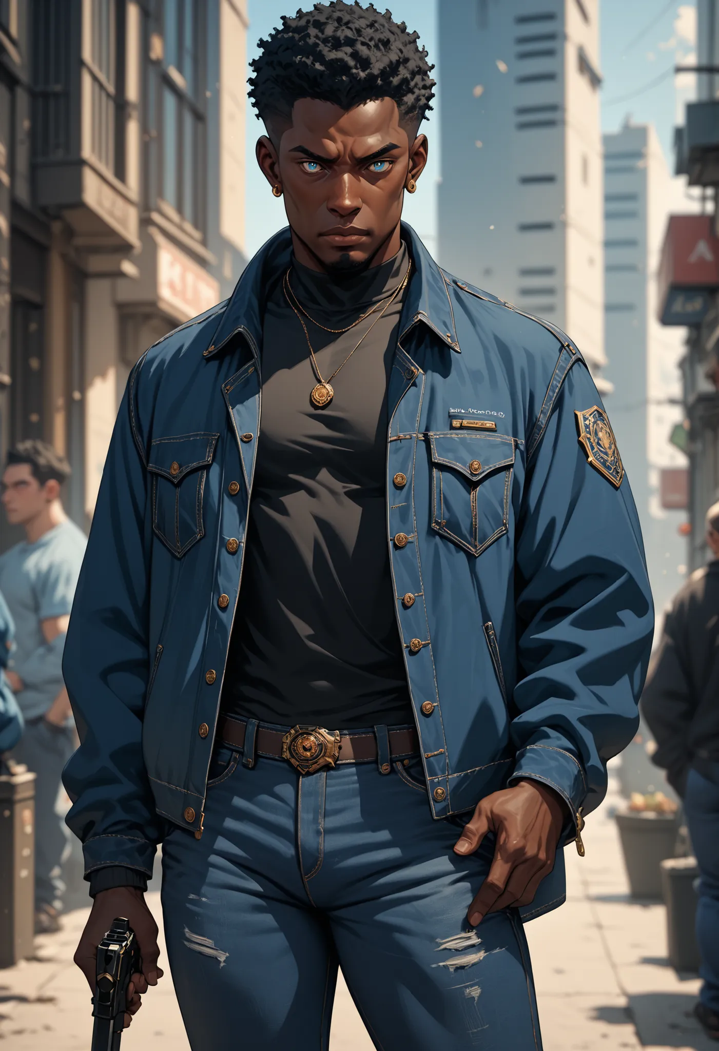 , score_9,score_8_up,score_7_up, mature men, African skin, Bright eyes, short black hair, bulk body shape,  wearing a blue jacket and  jeans pants, holding a black sword in right hand, and mystic pistol in the left hand, character design , illustration 