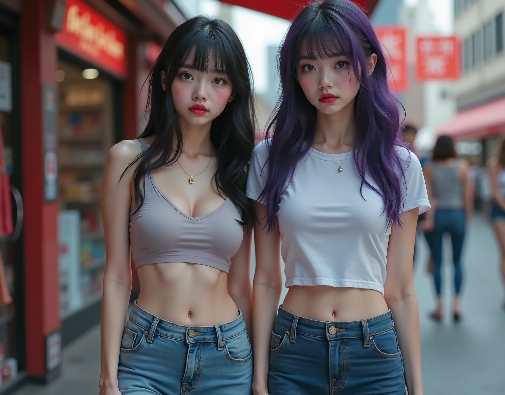 ((RAW Photo), Absurds, (Absurd Resolution)), (Masterpiece, Best Quality), ((Hyperrealism, Photorealistic)), (AI Fantasy), (masterpiece, highest quality, amazing quality), (two beautiful girls, 18 years old), (red lips), (black hair, purple highlights), ((s...