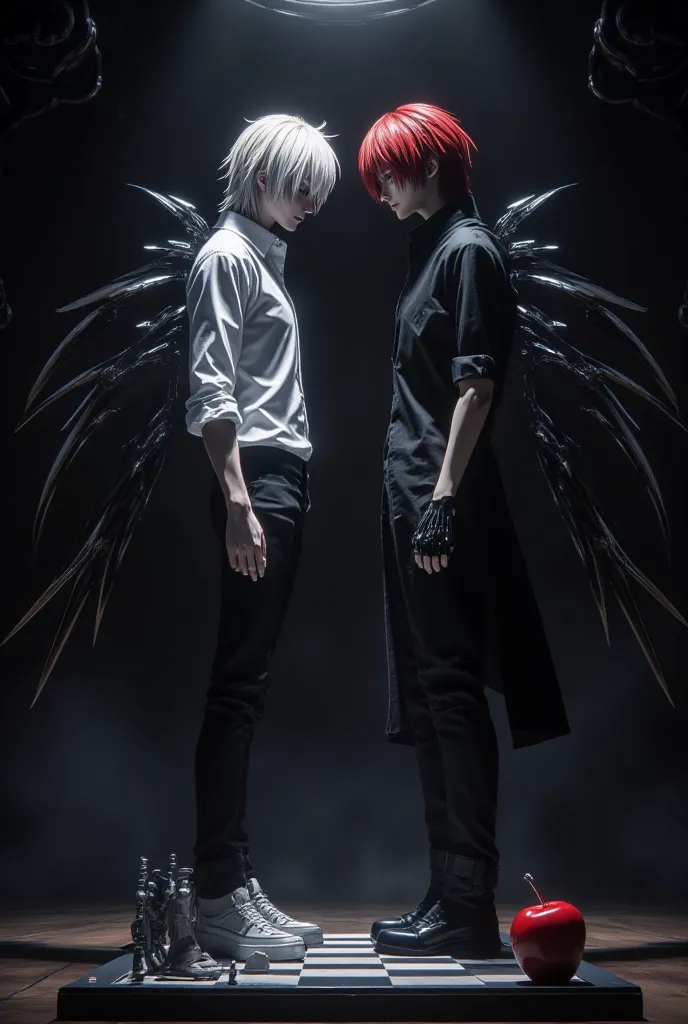 Light Yagami and L standing face to face in a dark, high-contrast room, intense eye contact, subtle tension between them, Light smirking with confidence, L calm but suspicious, dramatic lighting from above, chessboard between them, symbolic red apple on the side, realistic anime style, gothic atmosphere, cinematic composition, soft shadows, high detail, emotional storytelling, masterpiece, 4k, artstation style

