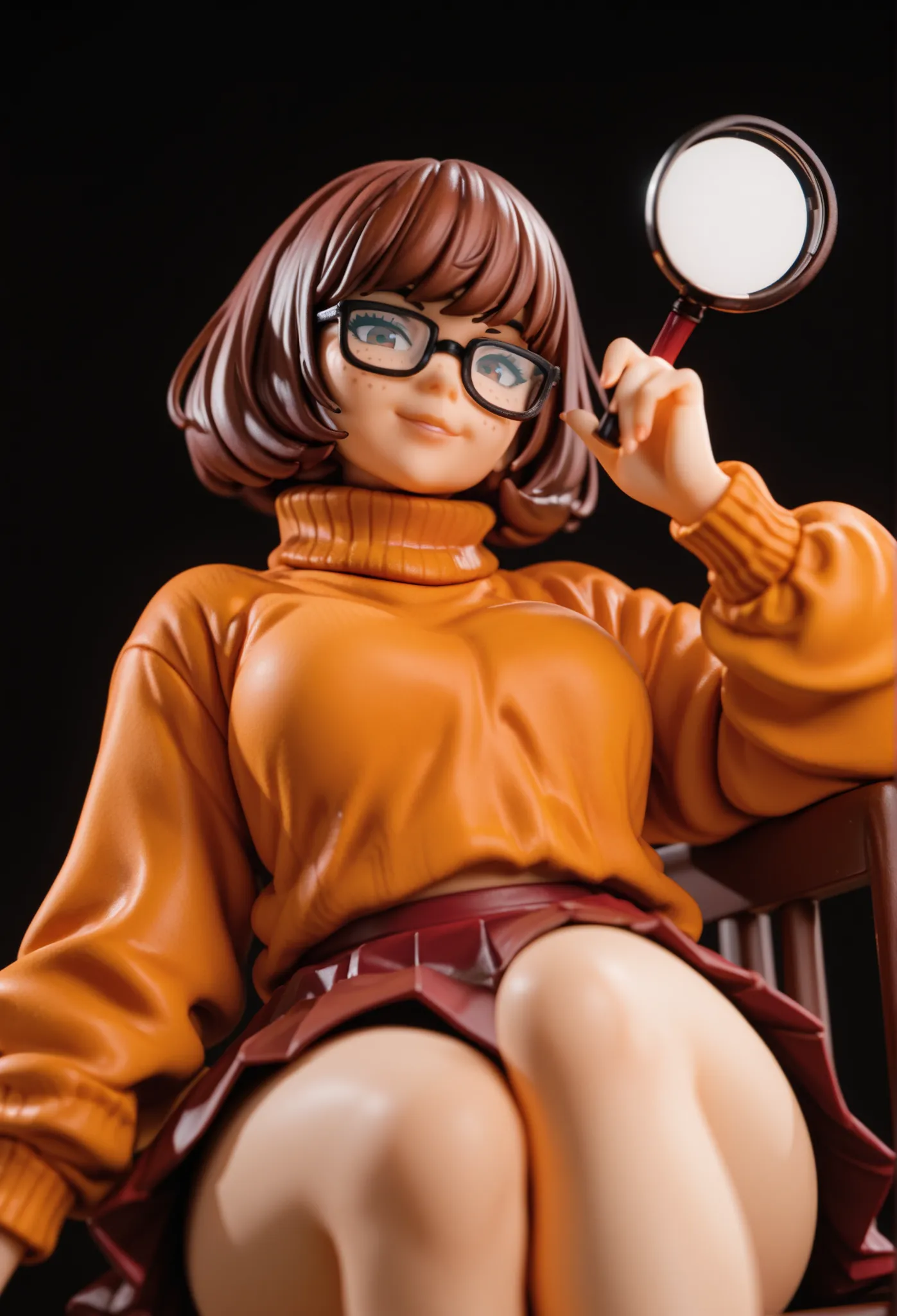 Velma dinkley as a pinup girl,Cartoon, Scooby-Doo ,red pleated skirt,A freckle,red lofar,yellow A turtleneck,sitting, hand in magnifying glass, from below ,smile, black background ,good smile company
