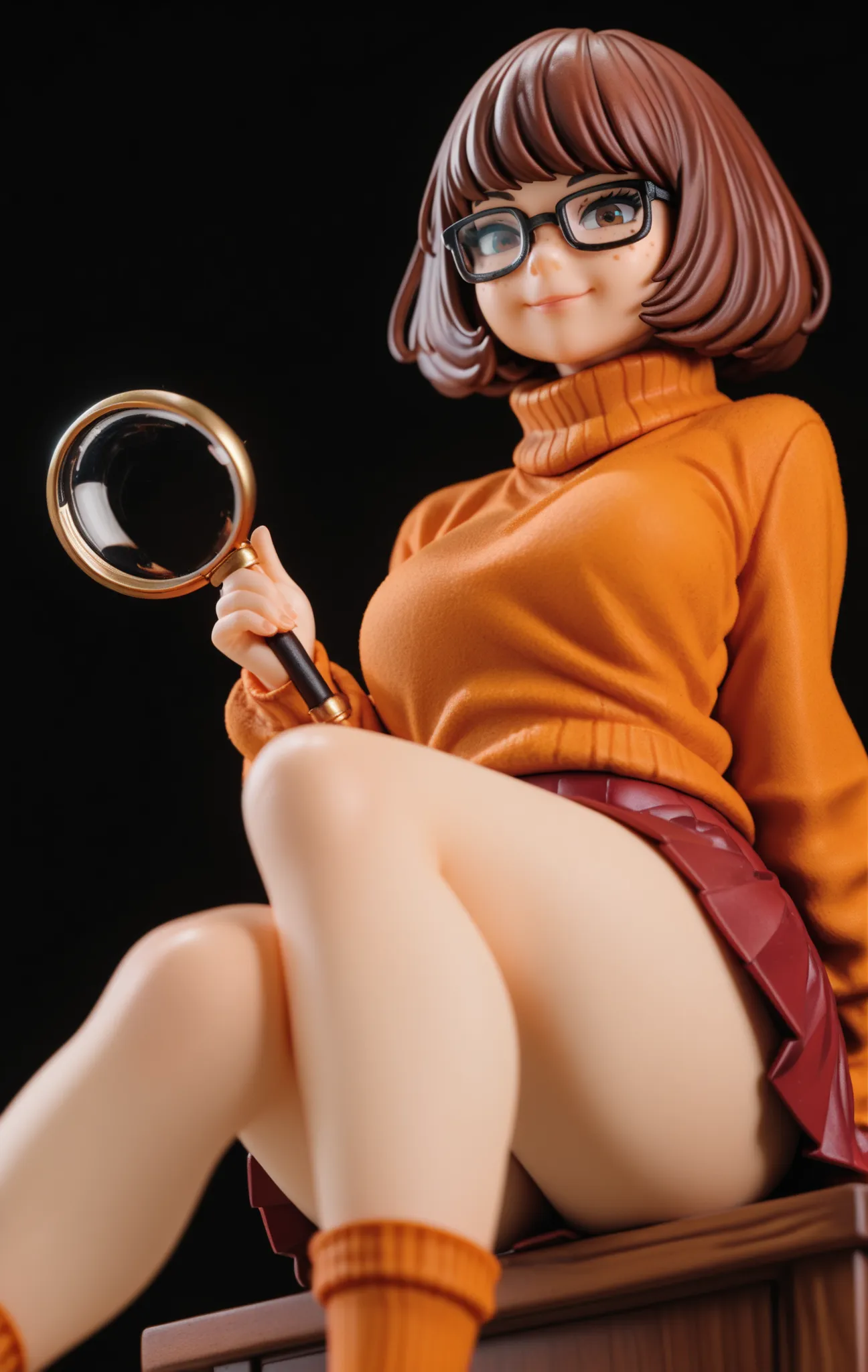 Velma dinkley as a pinup girl,Cartoon, Scooby-Doo ,red pleated skirt,A freckle,red lofar,yellow A turtleneck,sitting, hand in magnifying glass, from below ,smile, black background ,good smile company