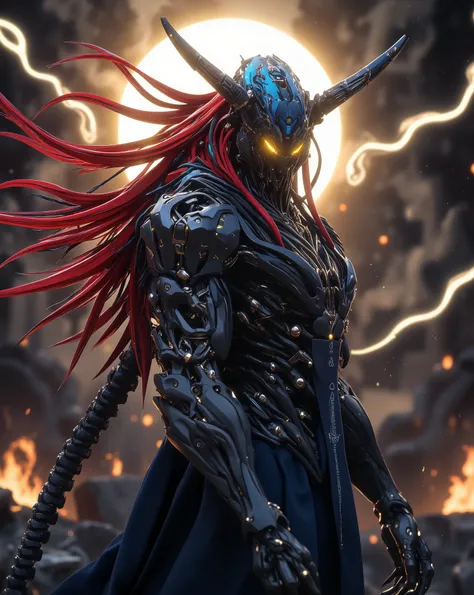 Perfect masterpiece, (Masterpiece:1.2), Best quality, high resolution, Beautiful detailed, Extremely detailed, Perfect lighting, high quality, high resolution, highest image quality, 8k hd. 
1 male guy. 
blood red and blue hair, Faceless, yellow eyes, glow...