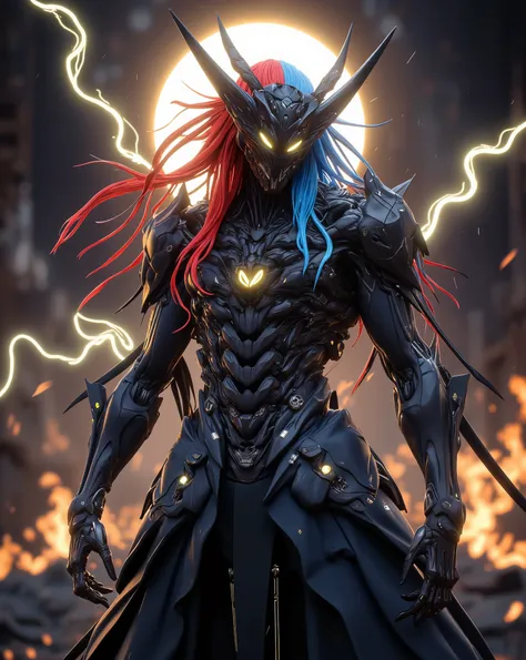 Perfect masterpiece, (Masterpiece:1.2), Best quality, high resolution, Beautiful detailed, Extremely detailed, Perfect lighting, high quality, high resolution, highest image quality, 8k hd. 
1 male guy. 
blood red and blue hair, Faceless, yellow eyes, glow...
