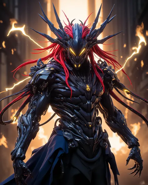 Perfect masterpiece, (Masterpiece:1.2), Best quality, high resolution, Beautiful detailed, Extremely detailed, Perfect lighting, high quality, high resolution, highest image quality, 8k hd. 
1 male guy. 
blood red and blue hair, Faceless, yellow eyes, glow...