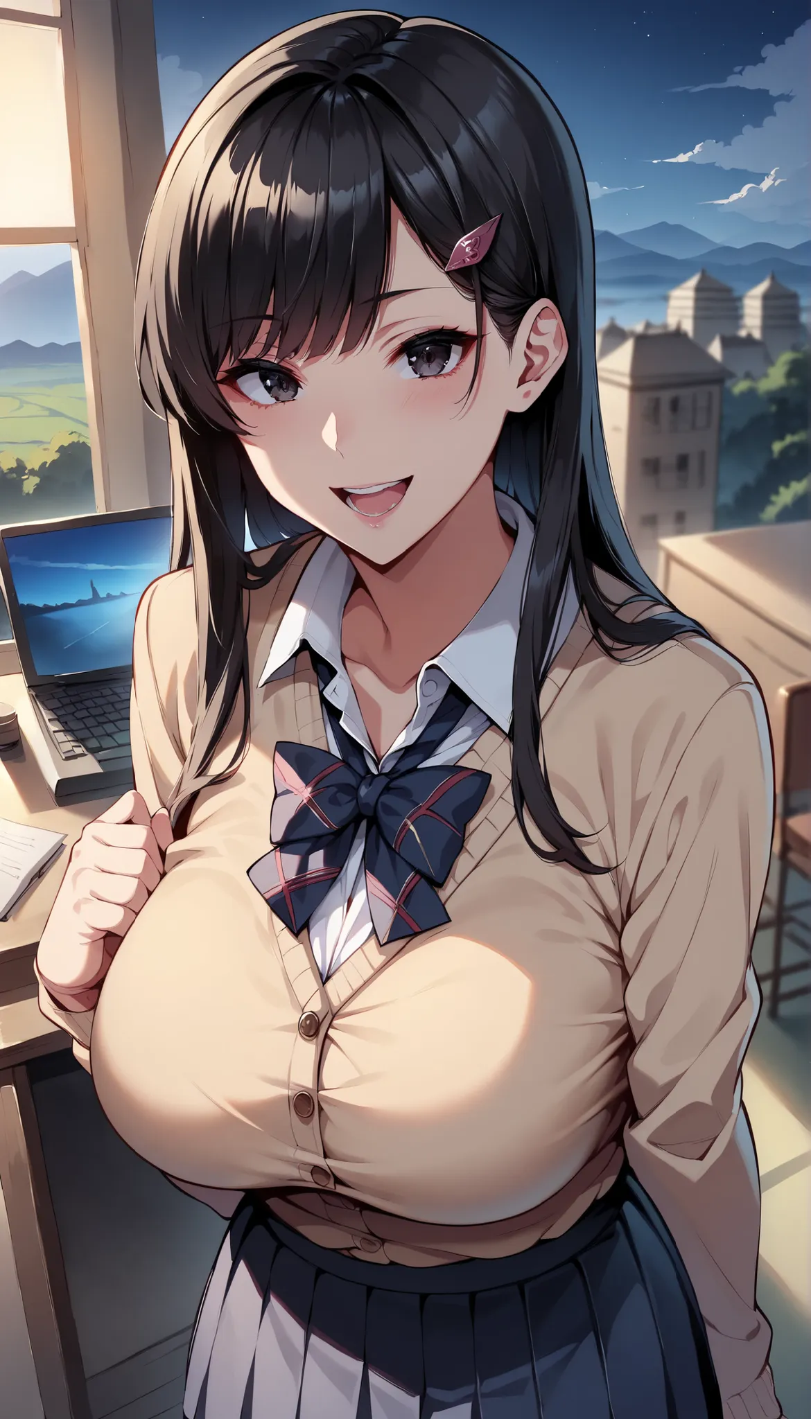  score_9, score_8_up, score_7_up, super precise, Absolute determination,32K, masterpiece, TOP QUALITY, Super High Definition, detailed, beautiful face and eyes , Japanese girls, black hair, long hair,  Asymmetric Bangs , hairpins,(+ heatstroke+ open your m...