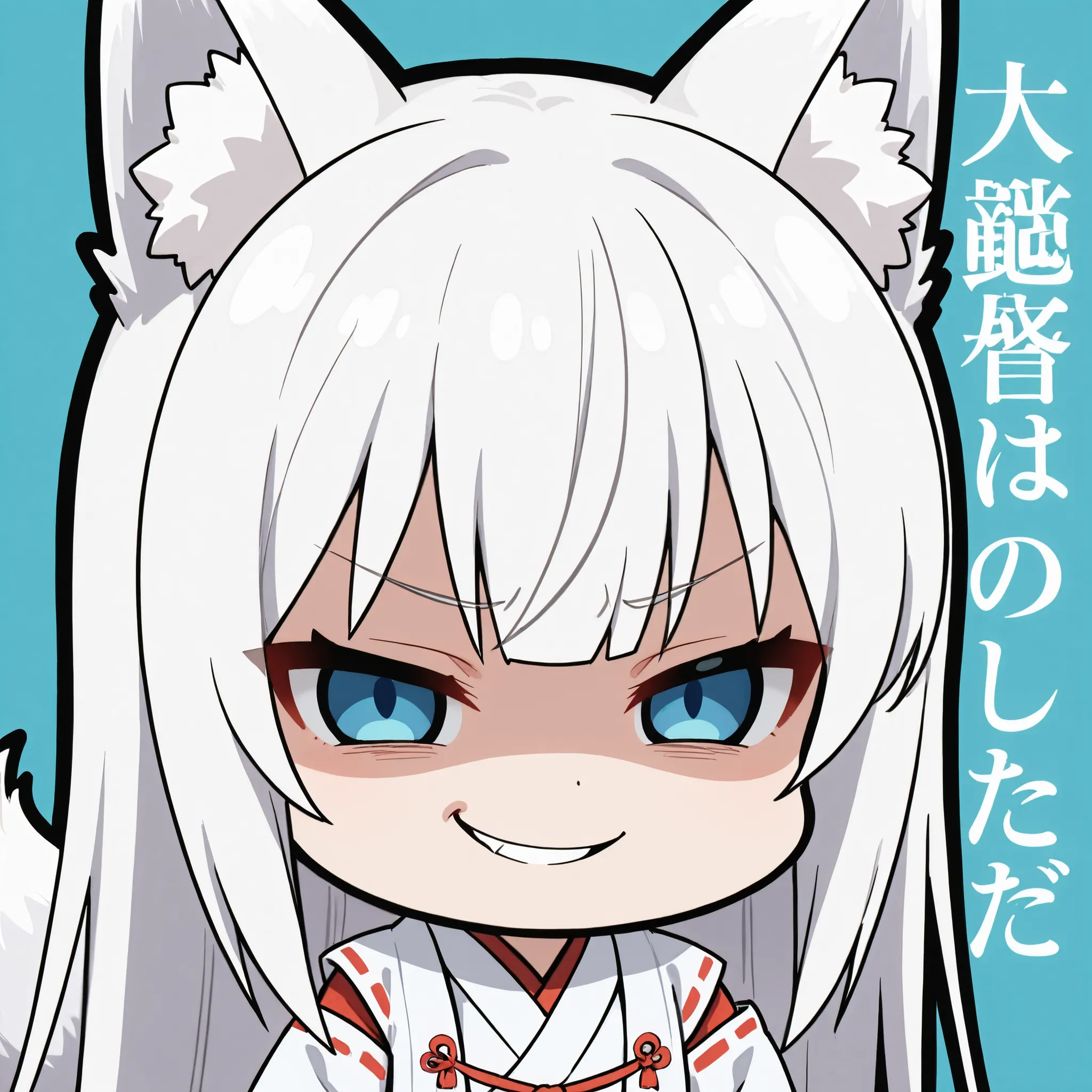 ((Masterpiece)),((best quality)),((incredibly absurdres)),((8K)),(anime style), 
1 (chibi girl) ,(anime chibi),solo,white hair,long hair,straight hair,blue eyes,baby face,cute,kawaii,(white fox ears,white fox tail),
(miko),Maiden miko outfit,wide sleeves,
...