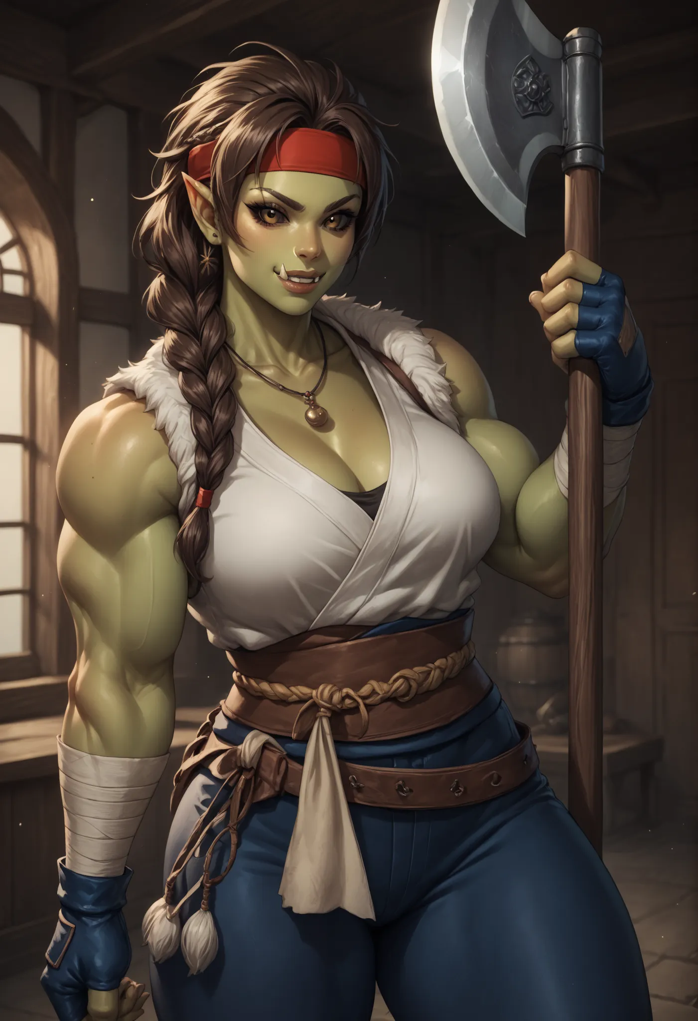 barbarian, barbarian clothes, holding two handed axe, ysakazaki, prayer beads necklace, headband, fingerless gloves, brown hair, brown eyes, single braid, female orc, muscle female, Orc, fangs, pointed ears, black sclera, light green skin