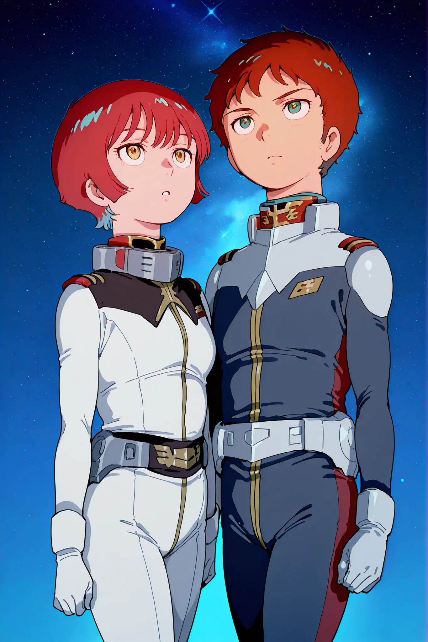 Mobile Suit Gundam motif、１Boy and １Girl。cowboy shot、（1. Juvenile、Boy is Amuro Ray belonging to the federal army、LoRA:Yoshikazu Yasuhiko, 9、wearing an Earth Federation Army pilot suit、 short brown、Curly hair、Facing the front and looking with determination）（...