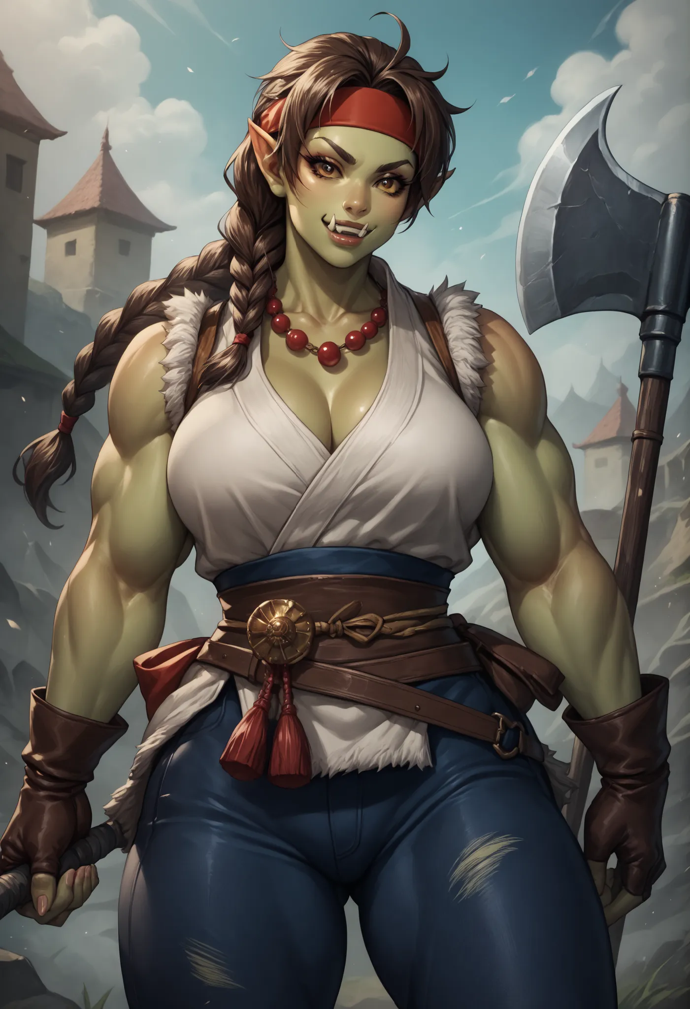 barbarian, barbarian clothes, holding two handed axe, ysakazaki, prayer beads necklace, headband, fingerless gloves, brown hair, brown eyes, single braid, female orc, muscle female, Orc, fangs, perfect fangs, pointed ears, black sclera, light green skin