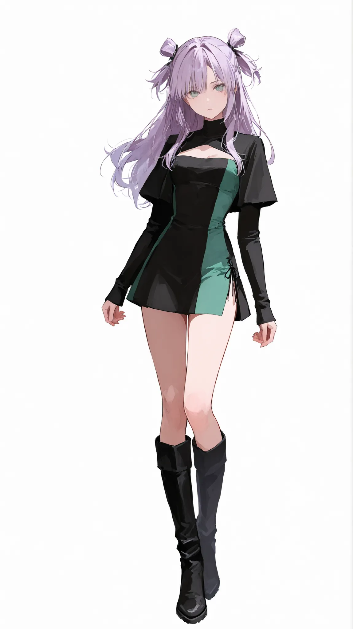 High Definition　girls　Full Body　front　Standing picture　white slit mini dress　black long boots　big 　Very light purple hair　half up twine　blue green eyes　tall　good style　winks next door　white background