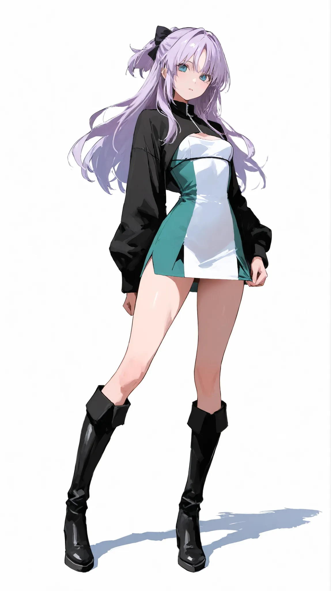 High Definition　girls　Full Body　front　Standing picture　Solid white mini dress　With slit　black long boots　big 　Very light purple hair　half up twine　Whiplash Thighs　blue green eyes　tall　good style　winks next door　white background