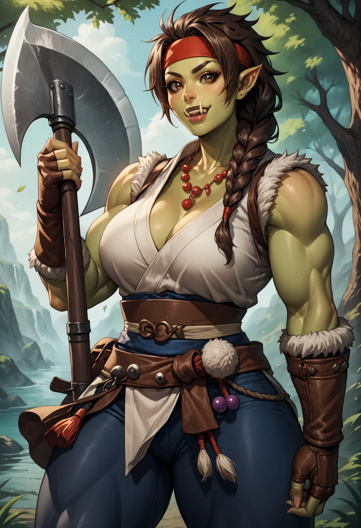 barbarian, barbarian clothes, holding two handed axe, ysakazaki, prayer beads necklace, headband, fingerless gloves, brown hair, brown eyes, single braid, female orc, muscle female, Orc, fangs, perfect fangs, pointed ears, black sclera, light green skin
