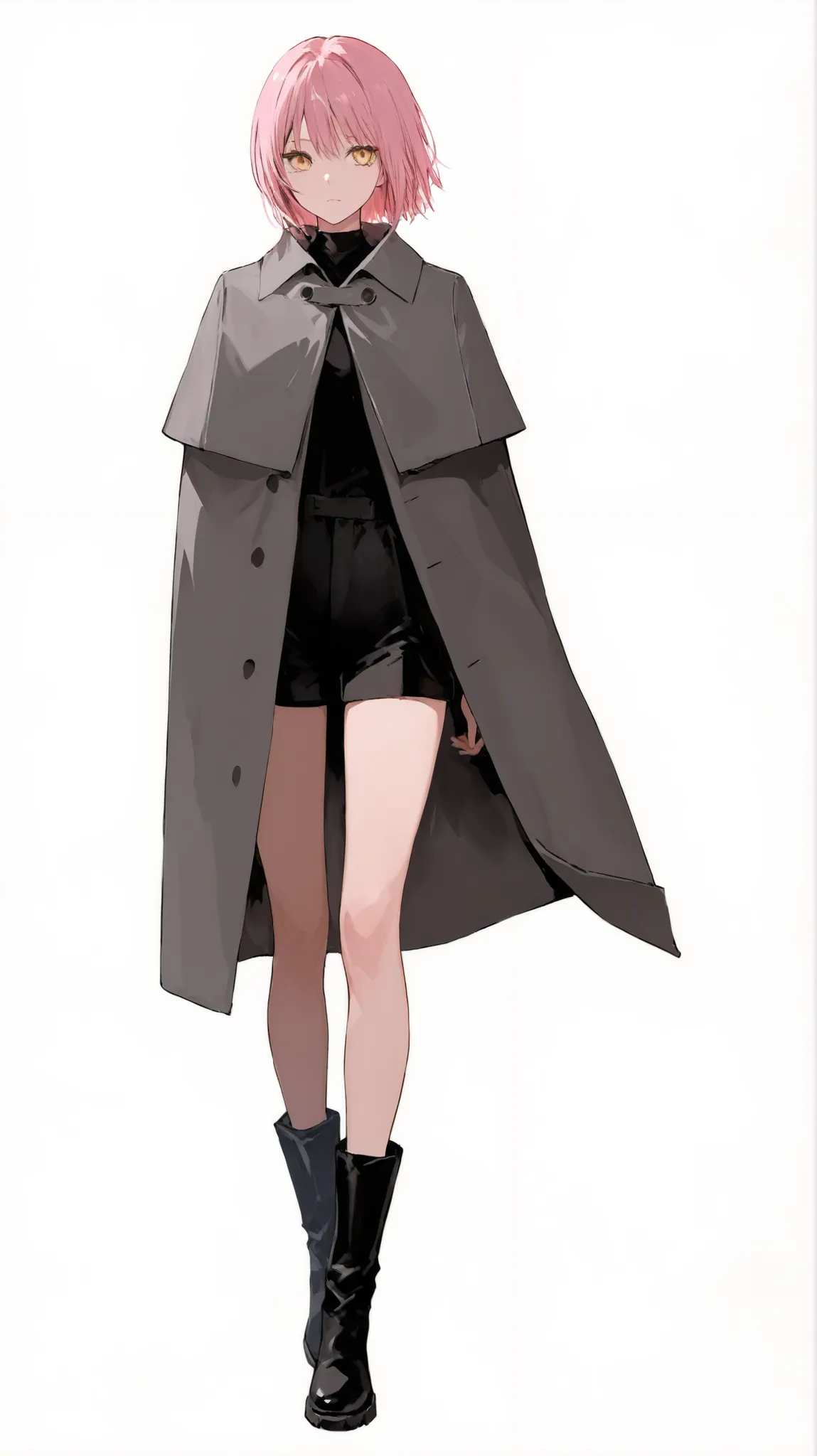 High Definition　One girl　Full Body　front　Standing picture　Short　pink hair　short hair　Golden eyes　dark grey cape coat　shorts　black short boots　white background