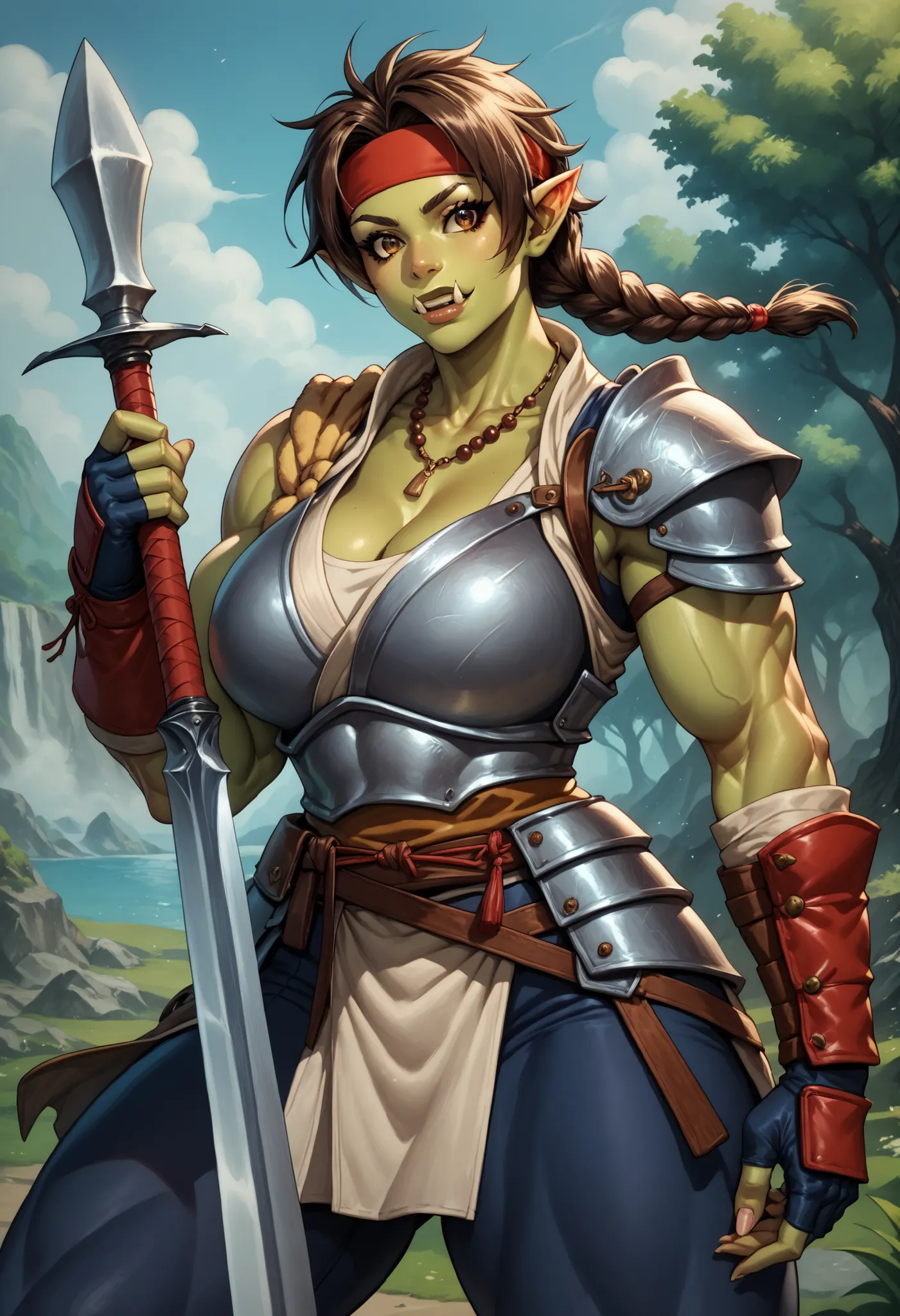 plate armor, warrior armor, holding greatsword, ysakazaki, prayer beads necklace, headband, fingerless gloves, brown hair, brown eyes, single braid, female orc, muscle female, Orc, fangs, perfect fangs, pointed ears, black sclera, light green skin
