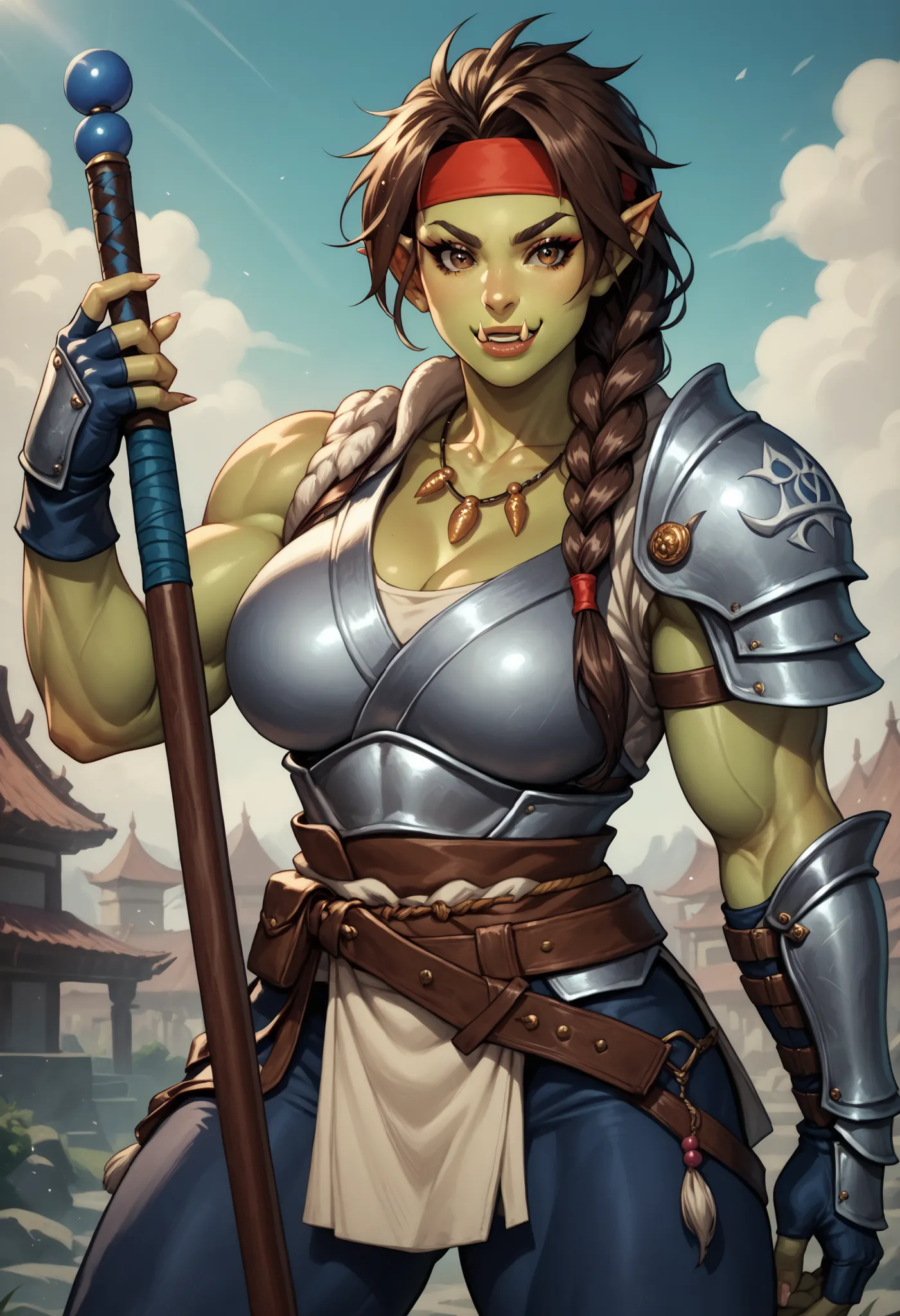 plate armor, warrior armor, holding greatsword, ysakazaki, prayer beads necklace, headband, fingerless gloves, brown hair, brown eyes, single braid, female orc, muscle female, Orc, fangs, perfect fangs, pointed ears, black sclera, light green skin
