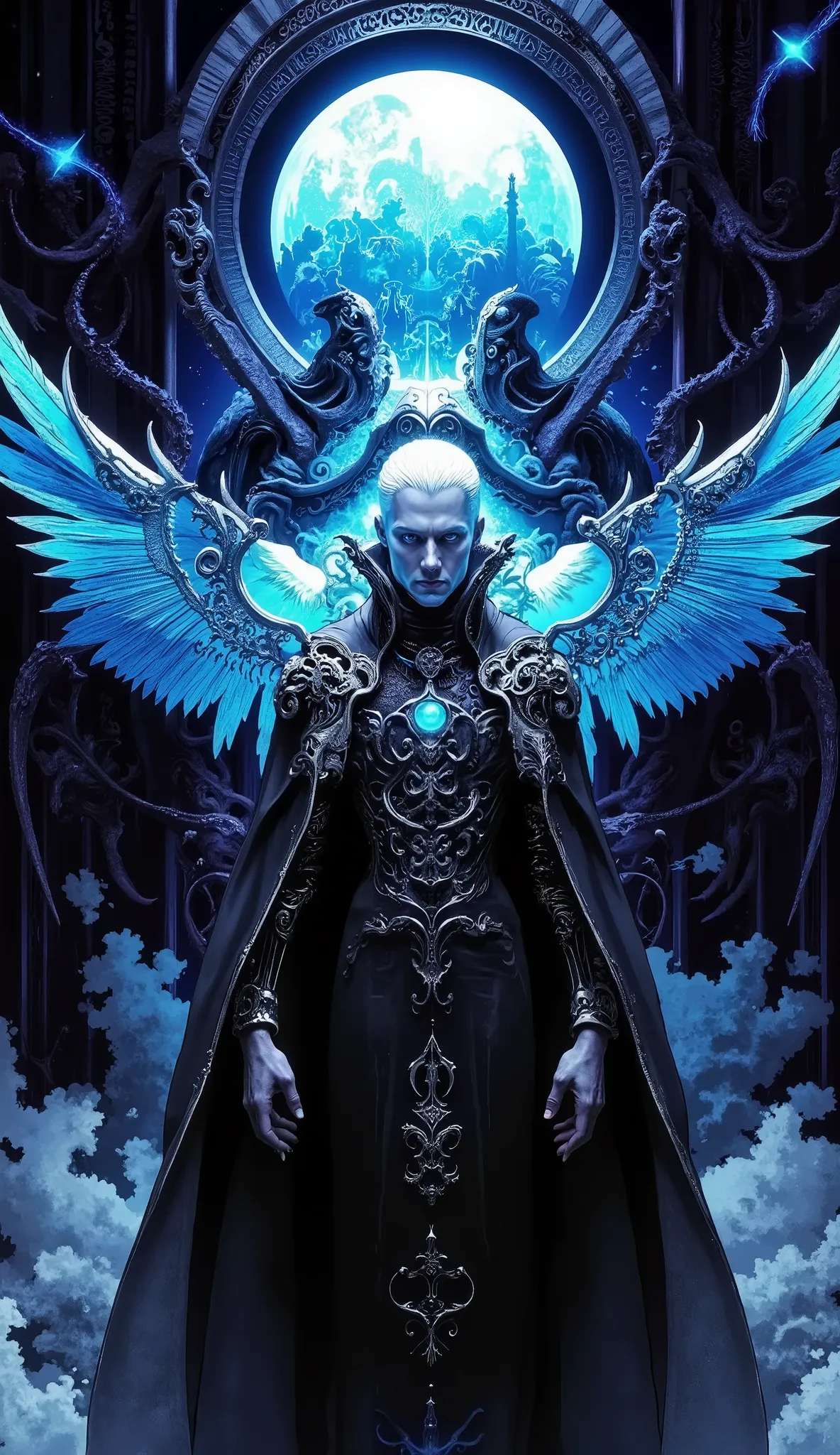  Hyperreal Cinematic Full body shot of a confident man with short, white hair and bright blue eyes that glow behind sharp aquiline facial features. He is impeccably dressed in a sleek, black, high-collared coat and tailored ves twith intricate angelic scri...
