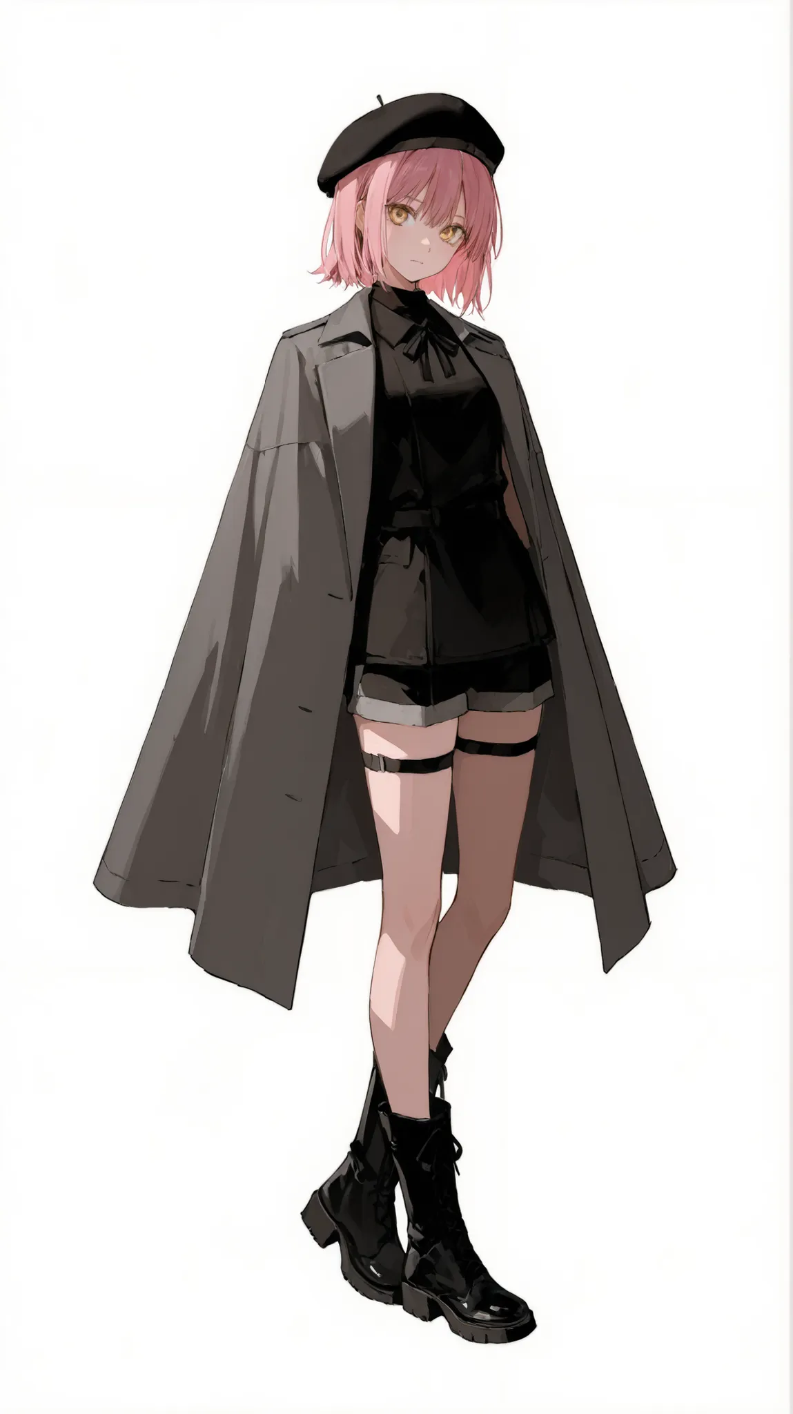 High Definition　One girl　Full Body　front　Standing picture　Short　pink hair　short hair　Golden eyes　dark grey cape coat　black beret　shorts　black short boots　white background
