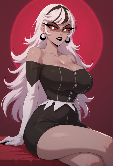Masterpiece,carmilla_carmine,score_9, score_8_arriba, score_7_arriba,gray skin,twin hair,Black dress, white elbow pads , bare shoulders, ,(huge breasts:1.2), breasts, black sleevless combat uniform, ,black lip,esclerótica pigmentada,Horny red,White hair,wi...