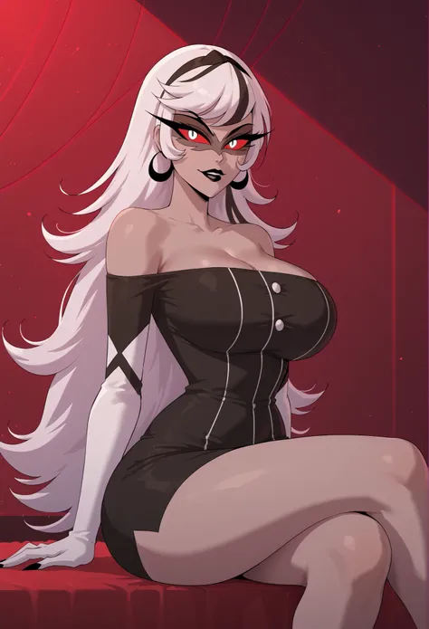 Masterpiece,carmilla_carmine,score_9, score_8_arriba, score_7_arriba,gray skin,twin hair,Black dress, white elbow pads , bare shoulders, ,(huge breasts:1.2), breasts, black sleevless combat uniform, ,black lip,esclerótica pigmentada,Horny red,White hair,wi...