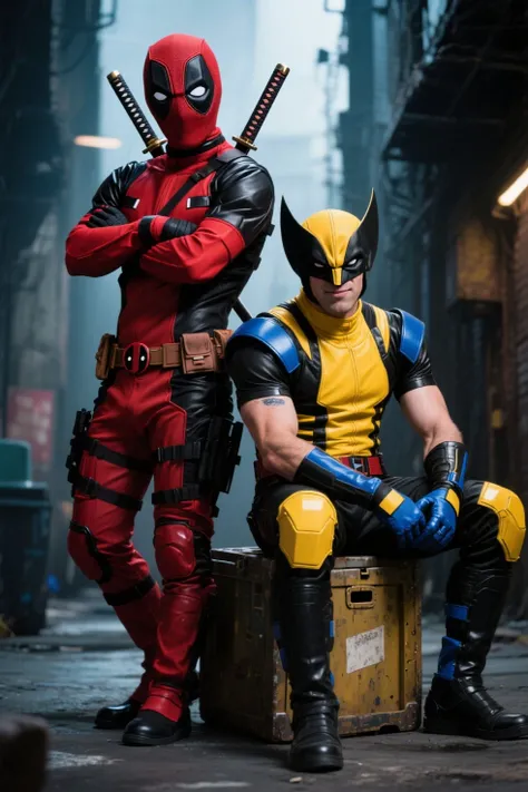 Deadpool and Wolverine in stylish boyband pose, Deadpool in iconic red and black tactical suit, full-face mask with white eye lenses, dual katanas on his back, standing confidently with arms crossed. Wolverine in bright yellow and black armored suit with blue accents, iconic pointed mask covering his head, sitting cool on a crate, cinematic lighting, urban gritty background, photo-realistic detail, dramatic shadows, confident smirks, epic poster-style duo, superhero-themed boyband vibe