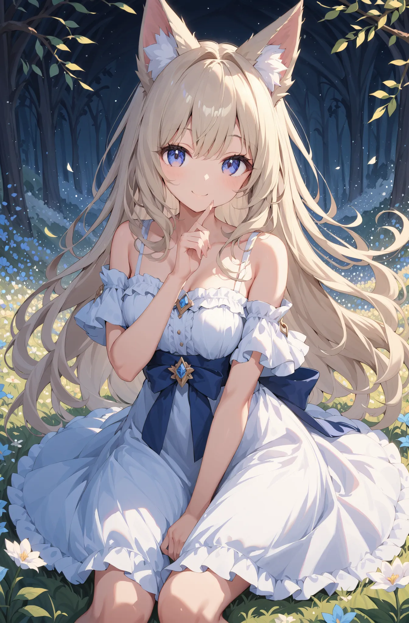masterpiece、concept art、(very detailed)、 (((masterpiece、top quality))) 、Girl tarry sky、Moonlight:1.2、Flower field、(fox ear、Off-the-Shoulder、platinum blonde、Long Hair、ruffle skirt)、( A soft smile )