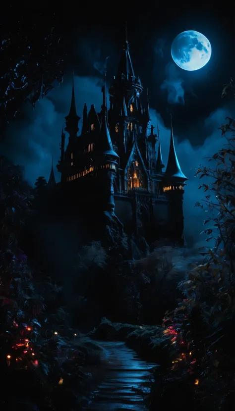 masterpiece of high-contrast shadow and light, A gothic castle on the edge of a mysterious forbidden forest, Moonlight, (fog and moonbeams:1.2), (Pure black :1.3), and (darkness:1.3), Mysterism , fantasy shot with a Nikon Z7 II mirrorless camera, Gothic Ho...
