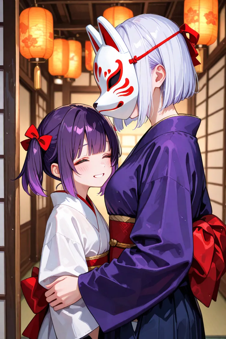 Mother with purple hair and twin tails、White Haired Short Bob's Daughter、fox mask、Parent and 、top quality、masterpiece