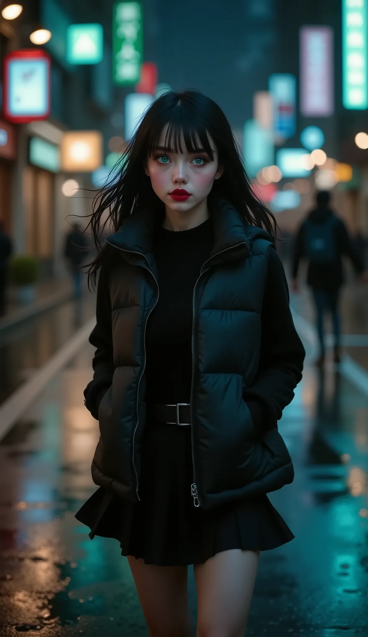 ((RAW Photo), Absurds, (Absurd Resolution)), (Masterpiece, Best Quality), ((Hyperrealism, Photorealistic)), (AI Fantasy), (masterpiece, highest quality, amazing quality), (realistic pupil, deep green eyes), (beautiful girl, 18 years old), (black hair), mak...