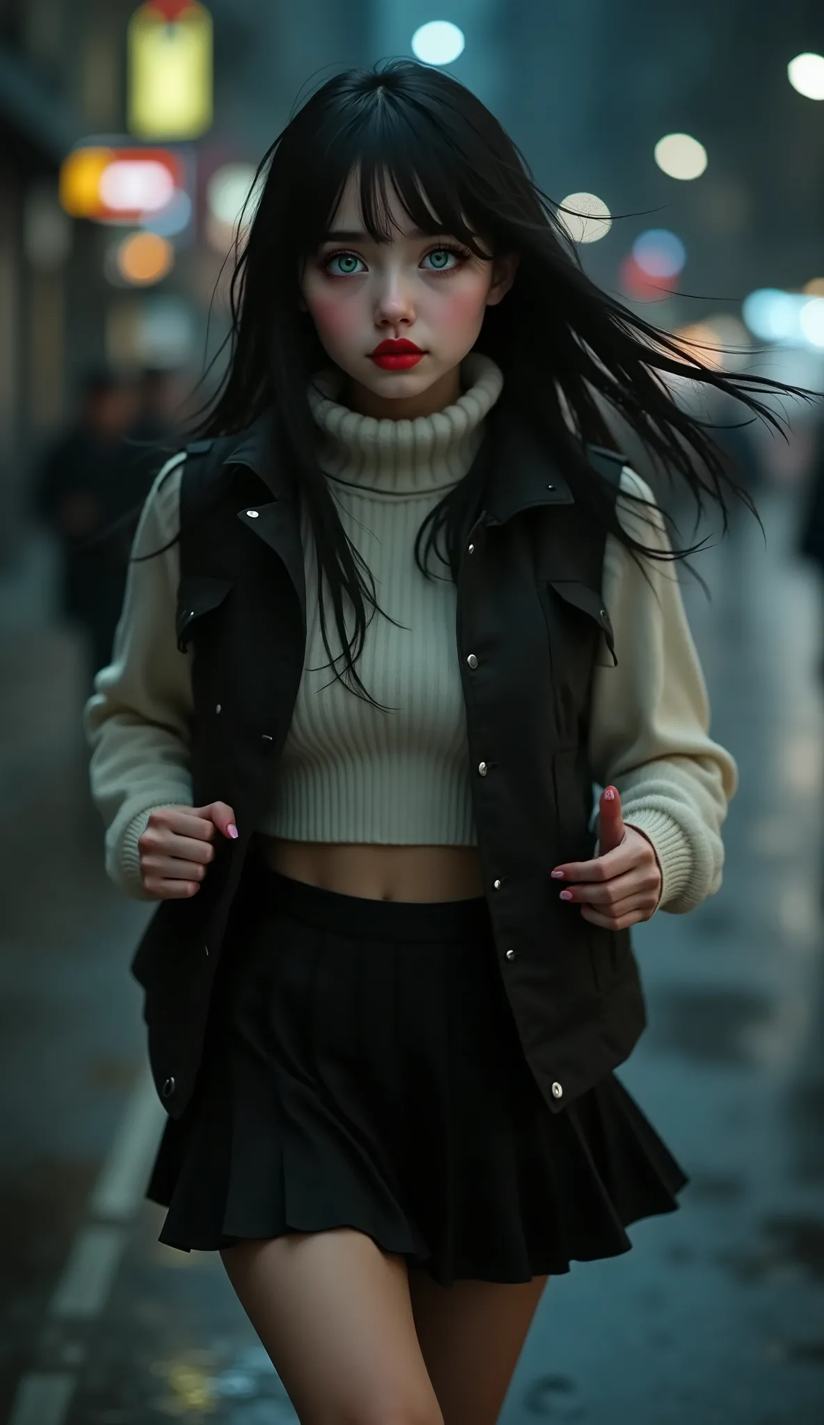 ((RAW Photo), Absurds, (Absurd Resolution)), (Masterpiece, Best Quality), ((Hyperrealism, Photorealistic)), (AI Fantasy), (masterpiece, highest quality, amazing quality), (realistic pupil, deep green eyes), (beautiful girl, 18 years old), (black hair), mak...