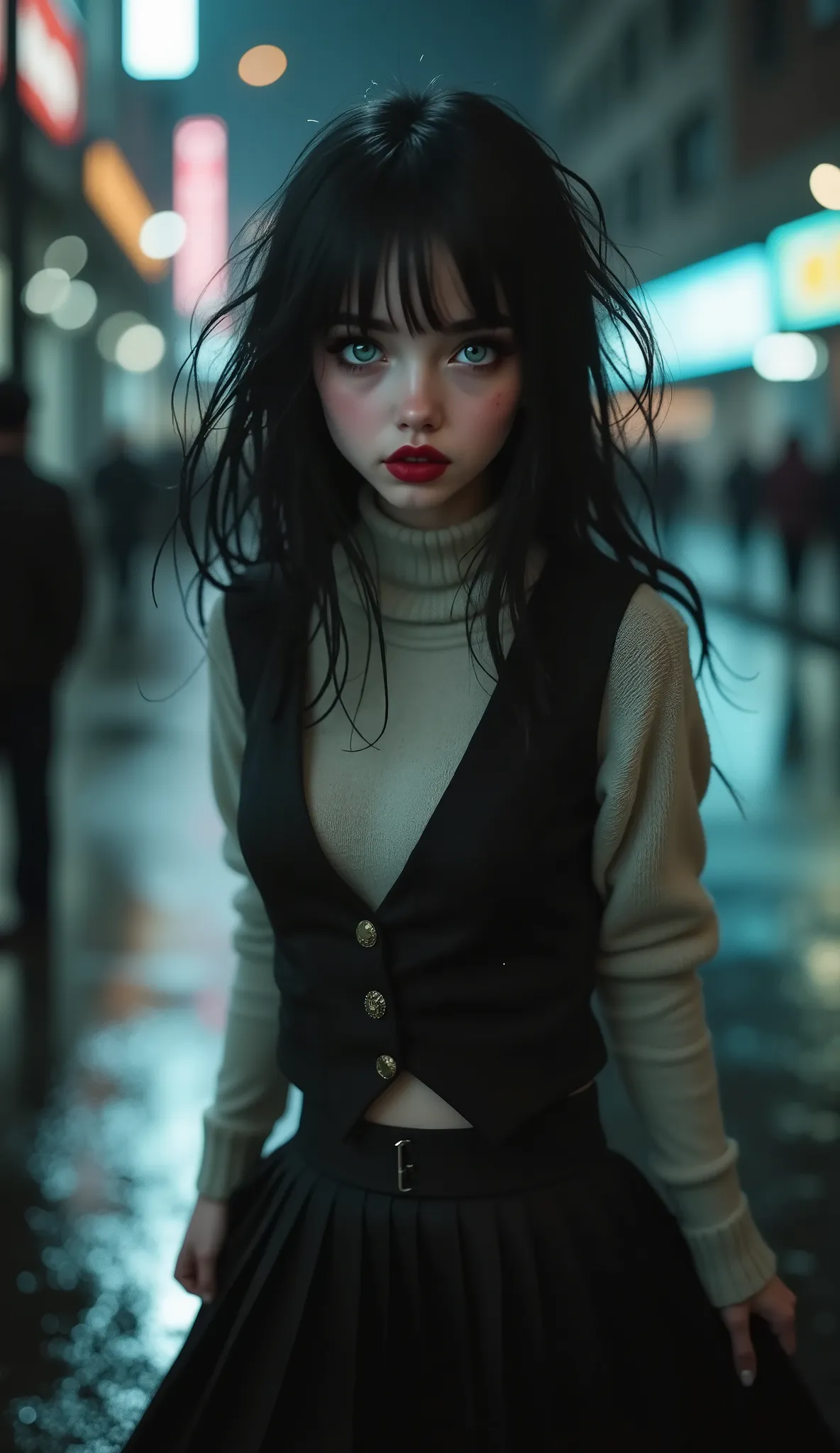 ((RAW Photo), Absurds, (Absurd Resolution)), (Masterpiece, Best Quality), ((Hyperrealism, Photorealistic)), (AI Fantasy), (masterpiece, highest quality, amazing quality), (realistic pupil, deep green eyes), (beautiful girl, 18 years old), (black hair), mak...