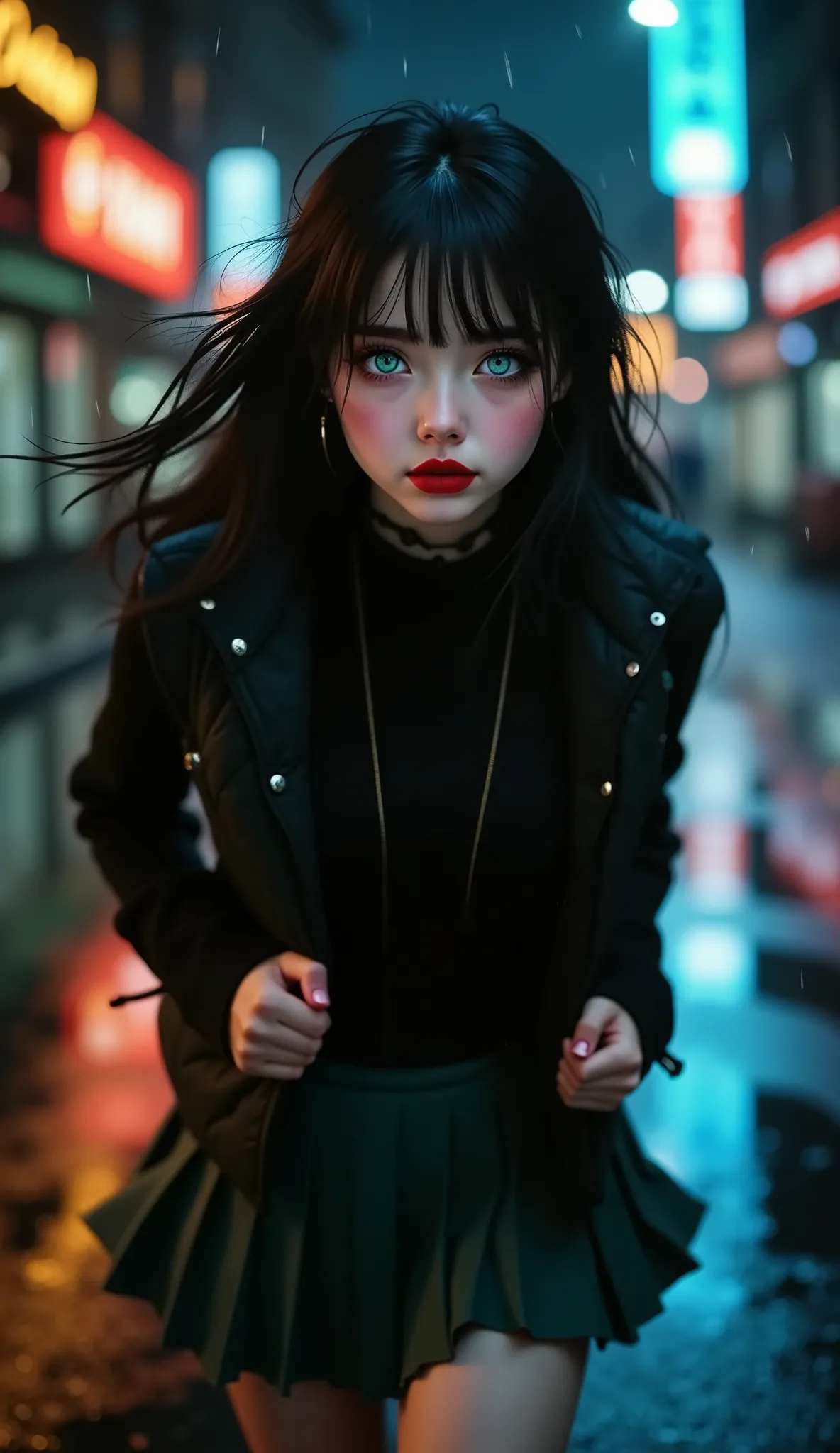 ((RAW Photo), Absurds, (Absurd Resolution)), (Masterpiece, Best Quality), ((Hyperrealism, Photorealistic)), (AI Fantasy), (masterpiece, highest quality, amazing quality), (realistic pupil, deep green eyes), (beautiful girl, 18 years old), (black hair), mak...