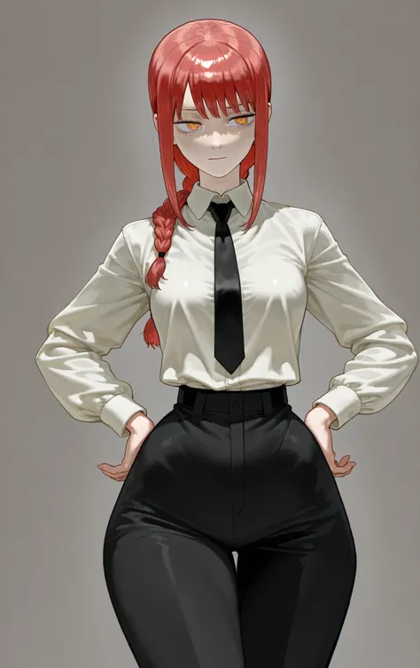 High quality, 1 girl, makima ((makima)) from chainsaw man, big hips, dressed in cout, She She is annoyed, sharp look of disapproval 