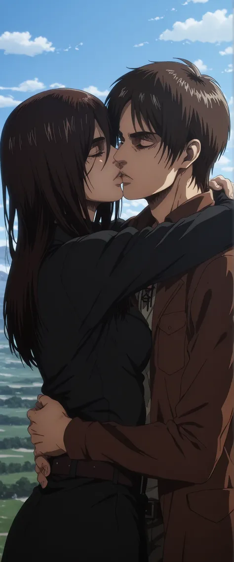 Mikasa Ackerman x Eren Yeager deep Kiss, Long hair, sky background.