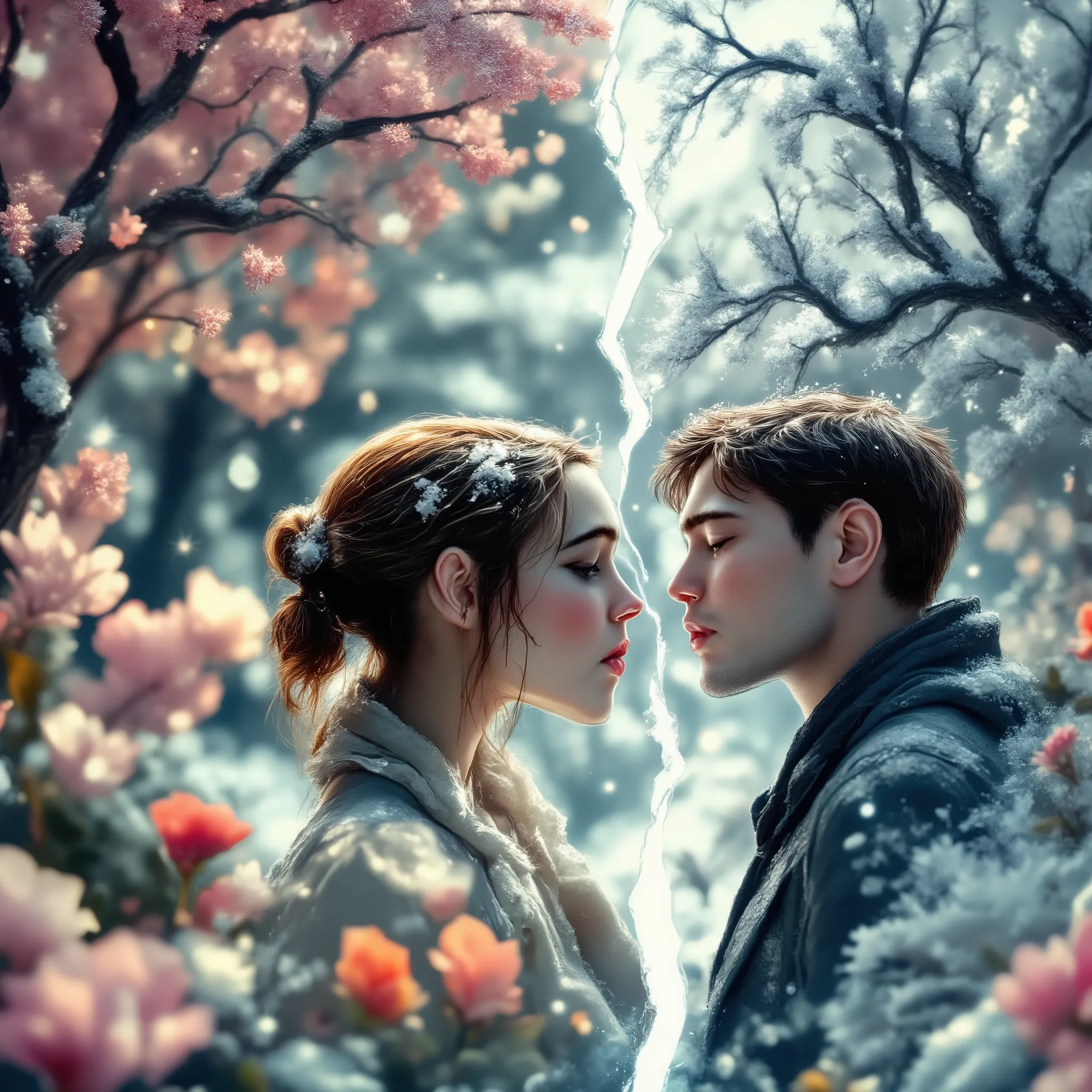 A dramatic and emotional scene of two miniature lovers, each standing in their own seasonal world. One is surrounded by a vibrant, blooming spring garden — soft petals, delicate pink trees, and a warm breeze; the other stands in a frozen winter landscape —...