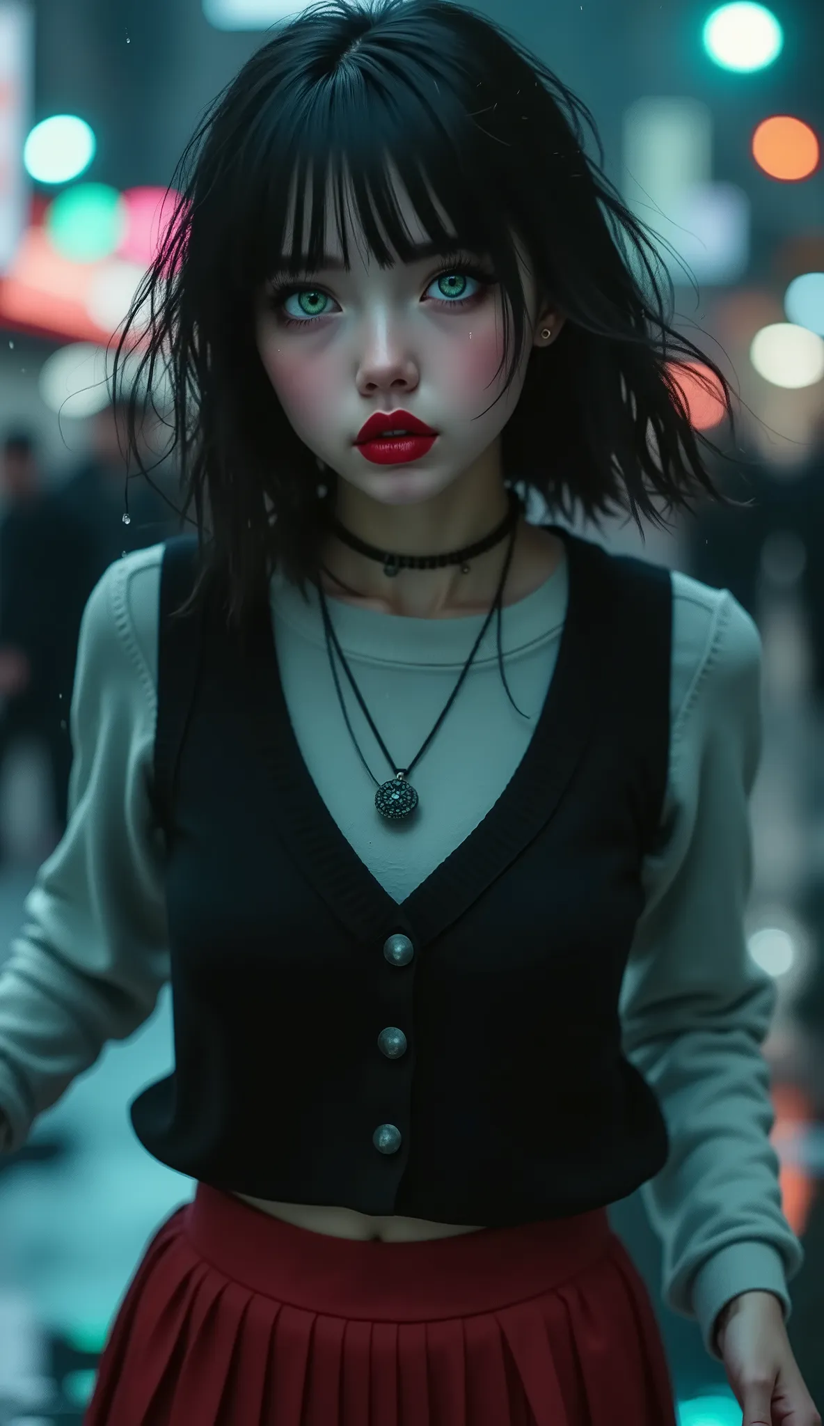 ((RAW Photo), Absurds, (Absurd Resolution)), (Masterpiece, Best Quality), ((Hyperrealism, Photorealistic)), (AI Fantasy), (masterpiece, highest quality, amazing quality), (realistic pupil, deep green eyes), (beautiful girl, 18 years old), (black hair), mak...